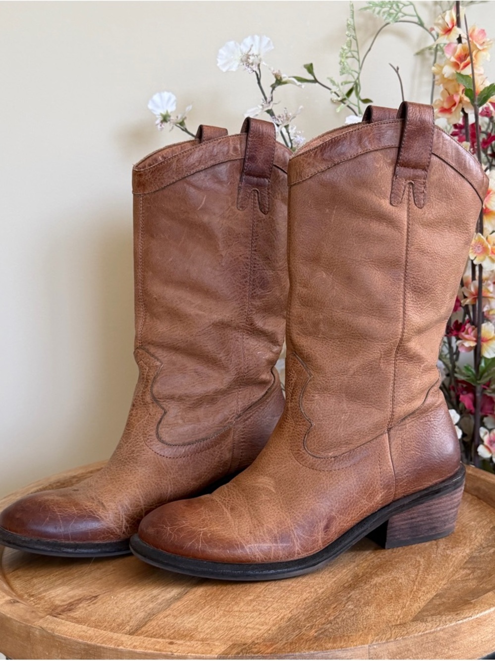 Jessica Simpson Rosanna Tan/Brown Distressed Mid-calf Western Cowgirl Boots
